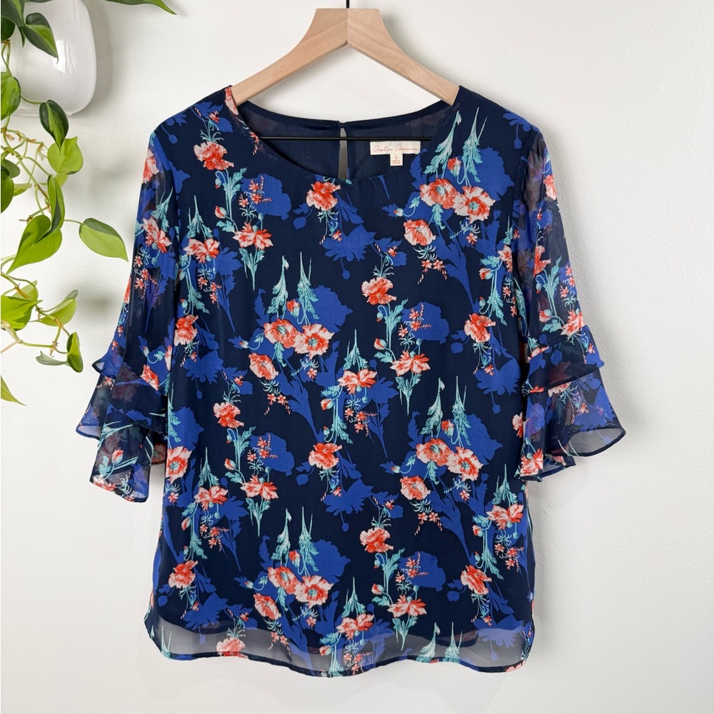 Creative Commune Anthropologie Floral Blouse Large Blue Sheer Ruffle Sleeve Boho